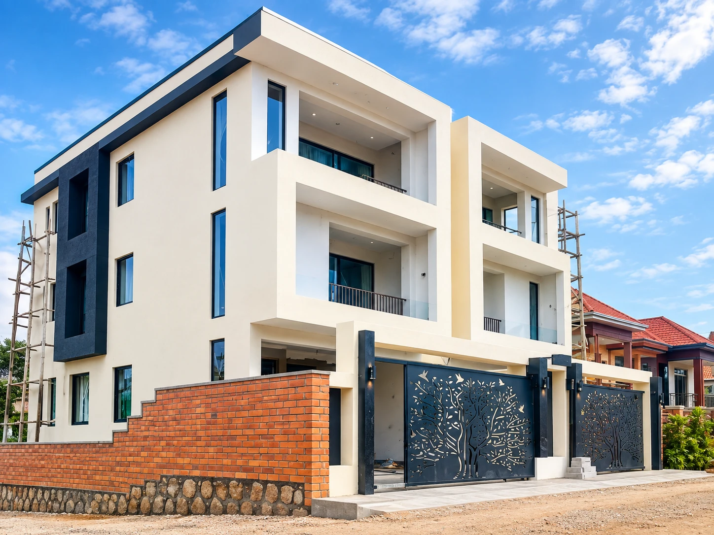 Eight-unit apartment building for Scovia Mutesi in Rusororo Sector, Gasabo District, with cream render, recessed balconies and laser-cut steel gates, built by Sezibera Construction