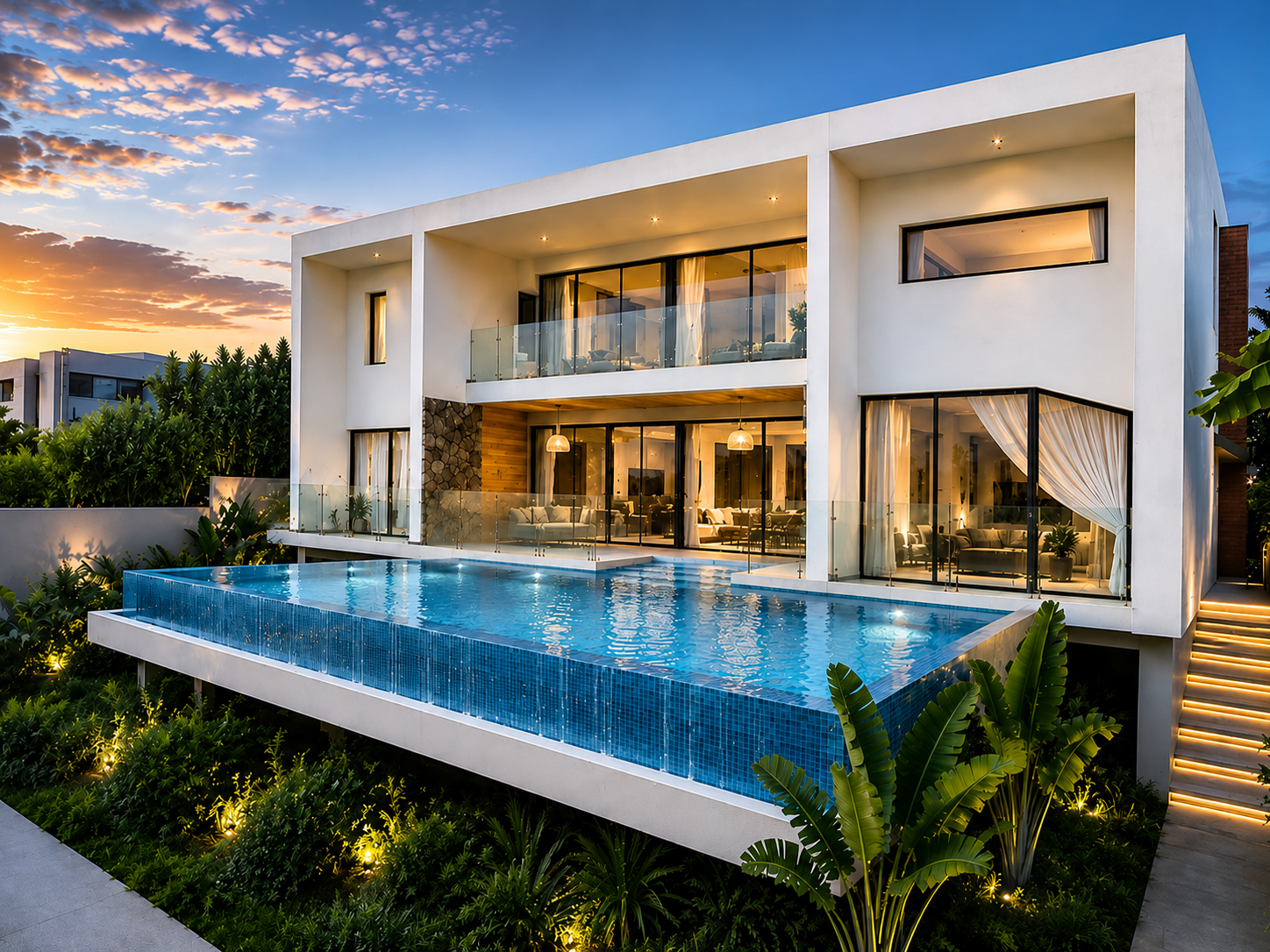 Completed residential villa with infinity pool at dusk